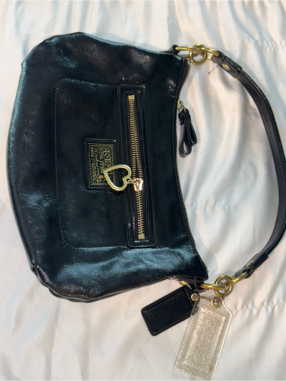Coach Patent Leather Bag with Gold Heart Charm and dust bag. Bundle with wallet.